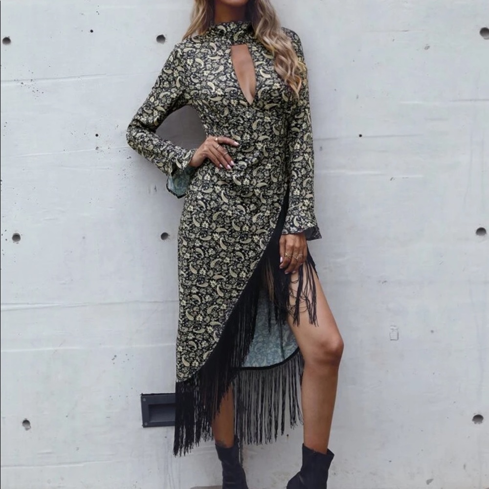 Printed dress with fringe detail